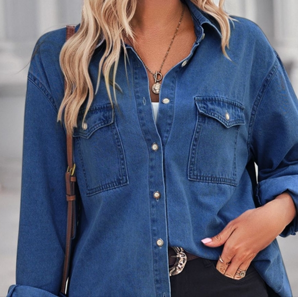 Collared Neck Dropped Shoulder Denim Top - Dark - Picture 7 of 7